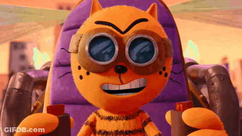 A Cartoon Cat Wearing Goggles Is Sitting In A Purple Seat GIF