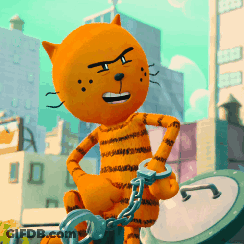 A Cartoon Cat Wearing Handcuffs Is Sitting On A Clock GIF