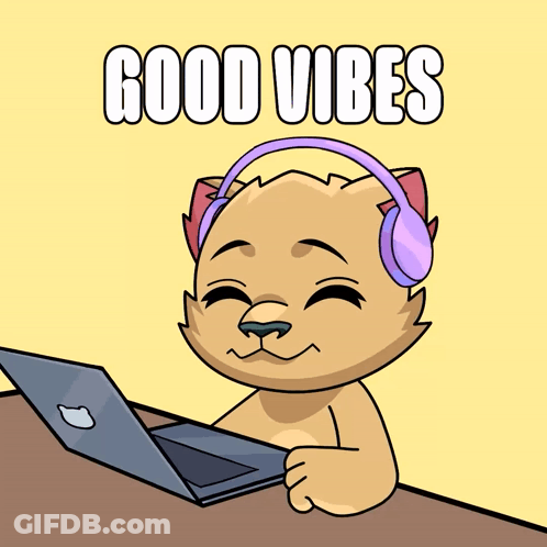 A Cartoon Cat Wearing Headphones Is Sitting At A Desk With A Laptop And The Words Good Vibes Above Him GIF