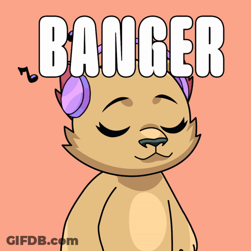 A Cartoon Cat Wearing Headphones With Banger Written On The Bottom GIF