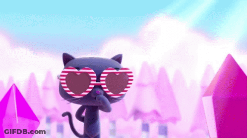 A Cartoon Cat Wearing Heart Shaped Sunglasses Is Standing In Front Of A Pink Background GIF