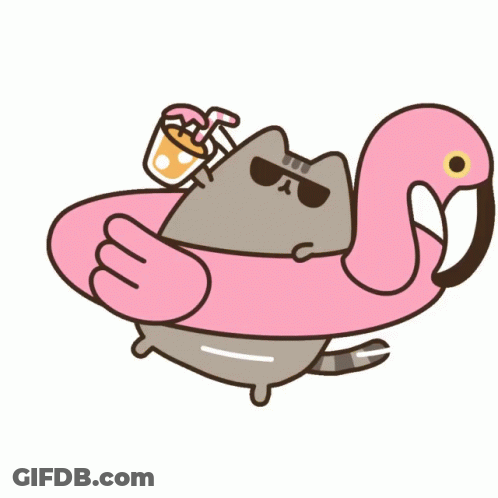 A Cartoon Cat Wearing Sunglasses And A Flamingo Float GIF