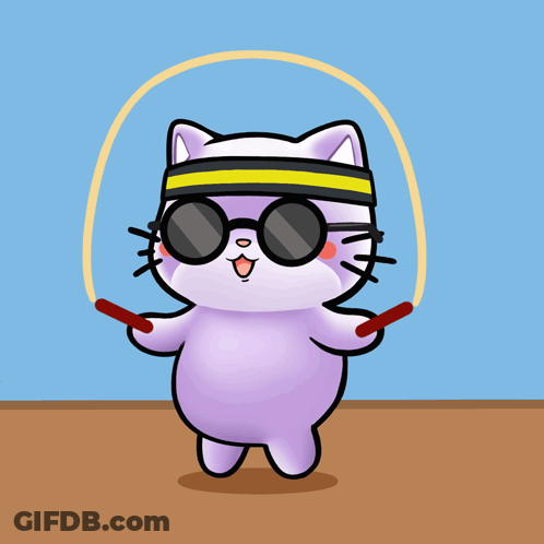 A Cartoon Cat Wearing Sunglasses And A Headband Jumps A Jump Rope GIF