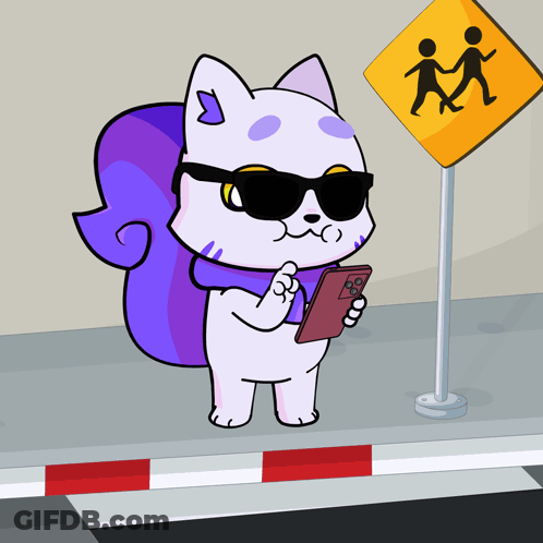 A Cartoon Cat Wearing Sunglasses Is Holding A Cell Phone In Front Of A Crosswalk Sign GIF