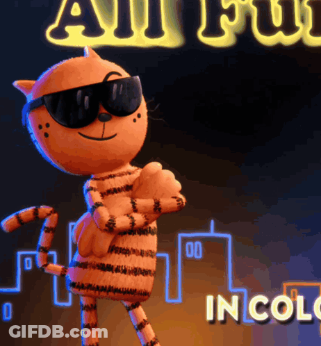 A Cartoon Cat Wearing Sunglasses Is Standing In Front Of A Sign That Says " All Fun " GIF