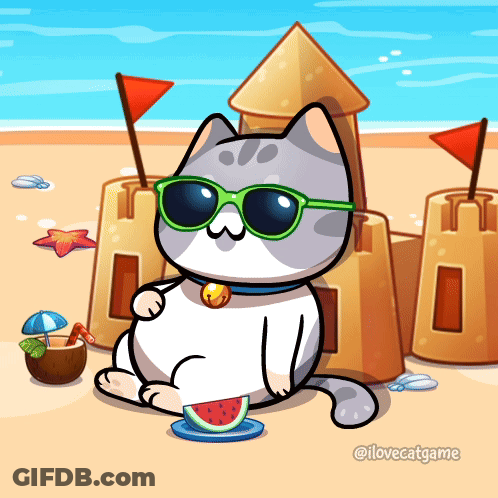 A Cartoon Cat Wearing Sunglasses Sits On A Beach GIF