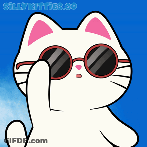 A Cartoon Cat Wearing Sunglasses With The Website Sillykitties.co Written On The Bottom GIF