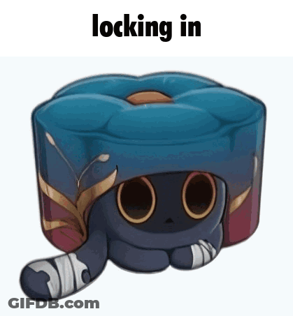 A Cartoon Cat With A Bandage On Its Leg Is Sitting On A Blue Pillow With The Words Locking In Above It . GIF