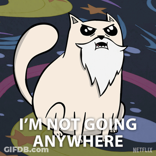 A Cartoon Cat With A Beard And The Words I 'M Not Going Anywhere GIF