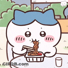 A Cartoon Cat With A Blue Head Is Eating Noodles With Chopsticks GIF