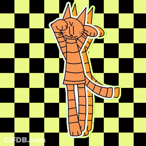 A Cartoon Cat With A Crown On Its Head Is Standing On A Pink And Black Checkered Background . GIF