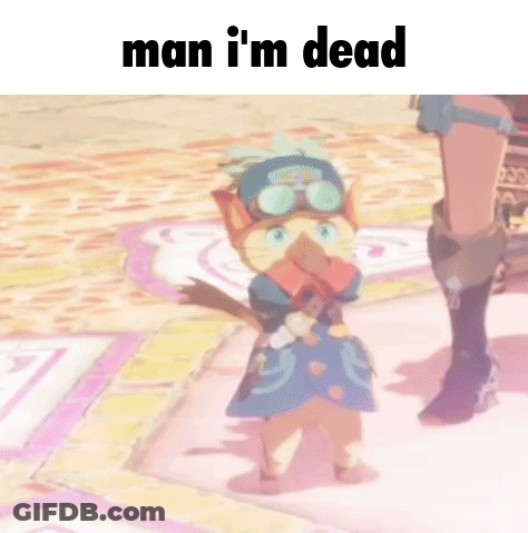 A Cartoon Cat With A Hat And Goggles Is Standing Next To A Man Who Says Man I 'M Dead .. GIF