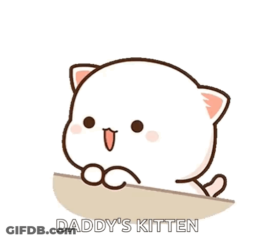 A Cartoon Cat With A Heart In Its Mouth And The Words `` Daddy 'S Kitten '' Written Below It . GIF