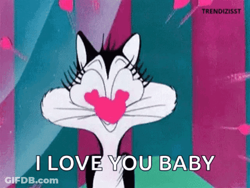 A Cartoon Cat With A Heart In Its Mouth And The Words `` I Love You Baby '' . GIF