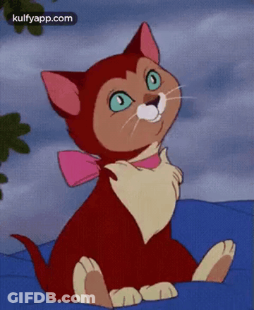 A Cartoon Cat With A Pink Bow Around Its Neck Is Sitting On A Blue Surface . GIF