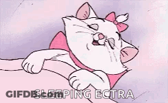 A Cartoon Cat With A Pink Bow On Its Head Is Sleeping On A Pink Pillow . GIF