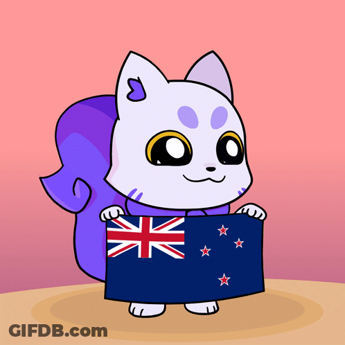 A Cartoon Cat With A Purple Tail Is Holding A Flag Of New Zealand GIF