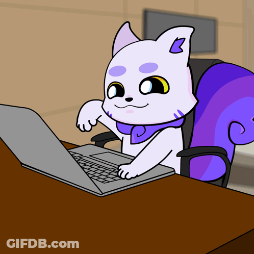 A Cartoon Cat With A Purple Tail Is Sitting At A Desk Using A Laptop GIF