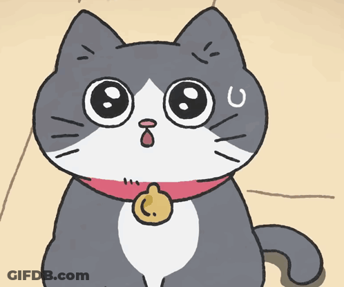 A Cartoon Cat With Big Eyes And A Collar With A Bell Around Its Neck GIF