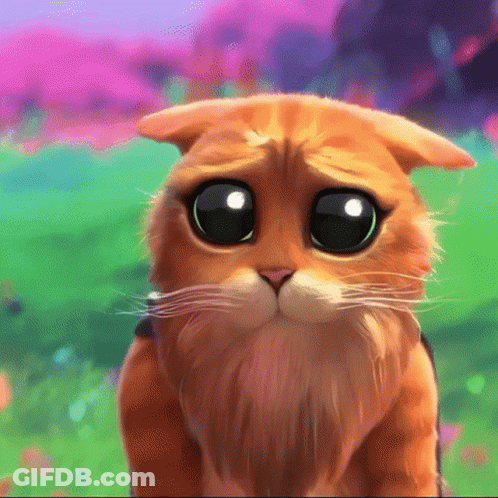 A Cartoon Cat With Big Eyes Is Looking At The Camera With A Sad Look On Its Face . GIF