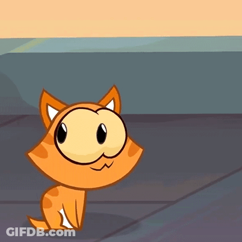 A Cartoon Cat With Big Eyes Is Sitting On A Gray Surface GIF