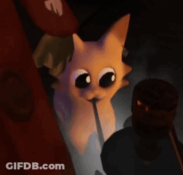 A Cartoon Cat With Big Eyes Is Standing Next To A Man In A Dark Room . GIF