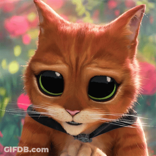A Cartoon Cat With Big Green Eyes And A Black Bow Tie GIF