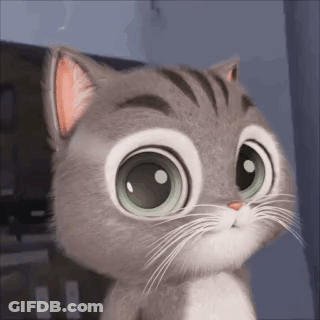 A Cartoon Cat With Big Green Eyes And A Pink Nose Is Looking At The Camera . GIF