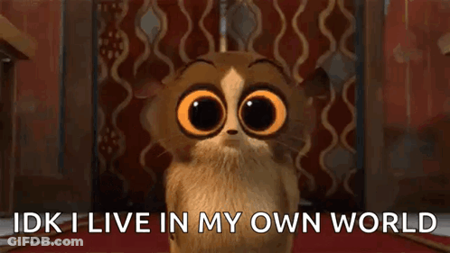 A Cartoon Cat With Big Orange Eyes Says Idk I Live In My Own World GIF