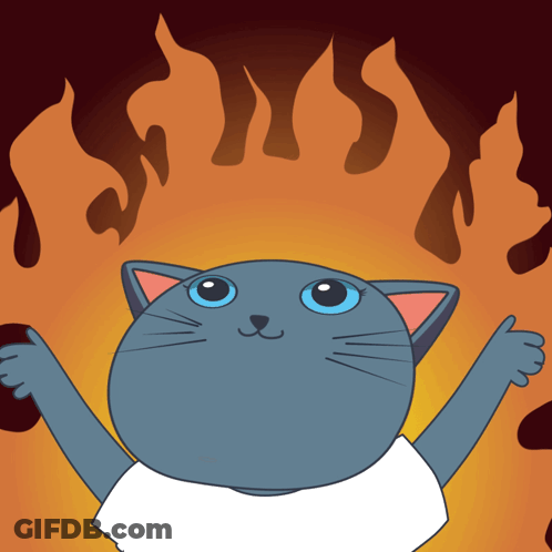 A Cartoon Cat With Flames Behind It GIF