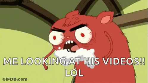 A Cartoon Cat With Foam On Its Face Says Me Looking At His Videos Lol . GIF