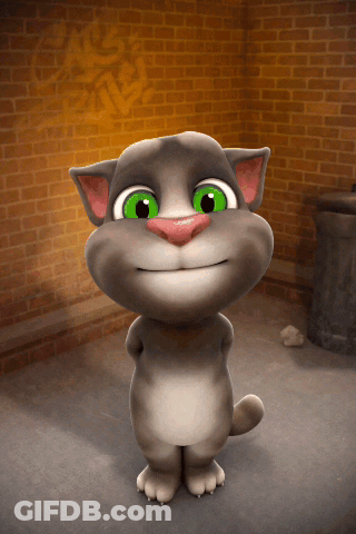 A Cartoon Cat With Green Eyes And A Pink Nose Is Standing In Front Of A Brick Wall GIF