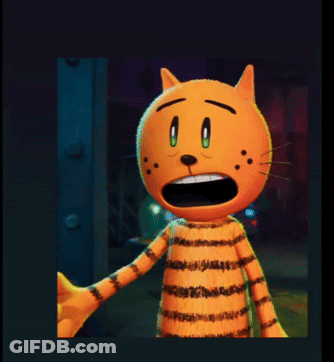 A Cartoon Cat With Green Eyes And Black Spots On Its Face GIF