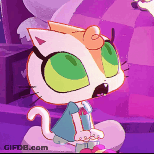 A Cartoon Cat With Green Eyes Is Sitting On A Purple Background GIF
