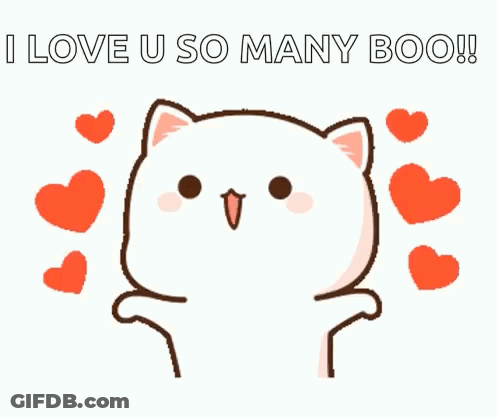 A Cartoon Cat With Hearts Around It And The Words `` I Love U So Many Boo '' GIF