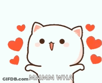A Cartoon Cat With Hearts Around It And The Words `` Mmmm Wha '' Written Below It . GIF