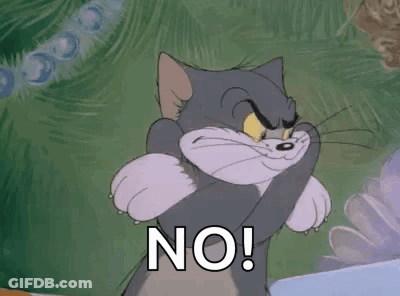 A Cartoon Cat With Its Eyes Closed And The Words `` No '' Written On Its Face . GIF