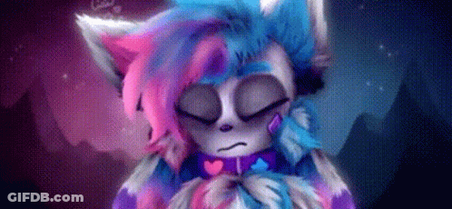 A Cartoon Cat With Pink And Blue Hair Is Sleeping With Her Eyes Closed And A Heart On Her Chest . GIF