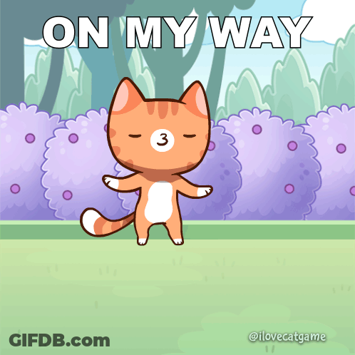 A Cartoon Cat With The Number 3 On Its Face Is Standing In Front Of Purple Bushes And Says On My Way GIF