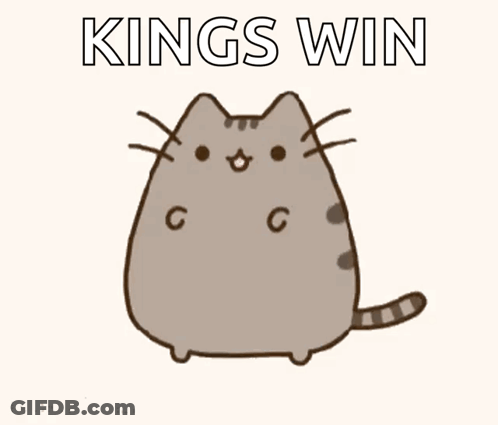 A Cartoon Cat With The Words " Kings Win " Written Above It GIF