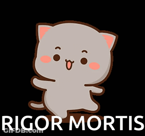 A Cartoon Cat With The Words Rigor Mortis Written Below It GIF