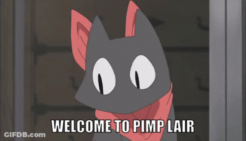 A Cartoon Cat With The Words Welcome To Pimp Lair On The Bottom GIF