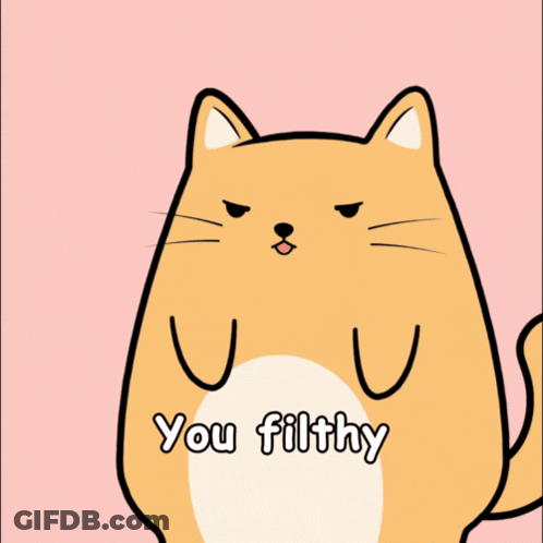 A Cartoon Cat With The Words " You Filthy " Written On It GIF