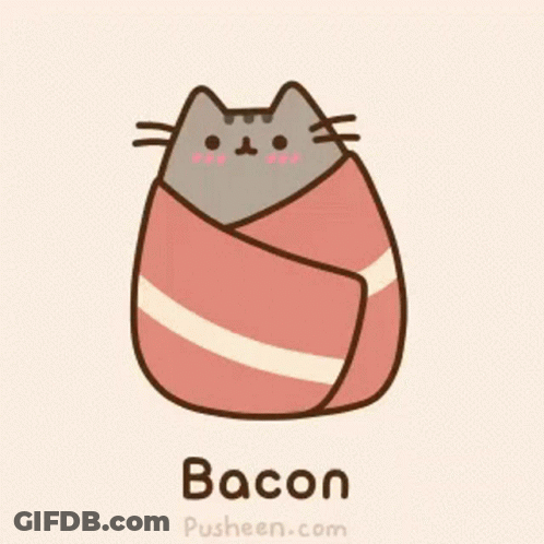 A Cartoon Cat Wrapped In Bacon With The Word Bacon Underneath GIF