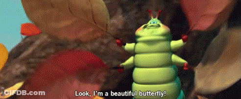 A Cartoon Caterpillar Says Look , I 'M A Beautiful Butterfly GIF