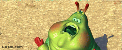 A Cartoon Caterpillar With Its Mouth Open And Red Ears GIF