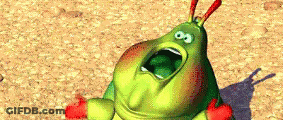 A Cartoon Caterpillar With Its Mouth Open Is Laying On The Ground . GIF