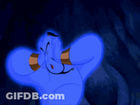 A Cartoon Character , A Genie From Aladdin , Is Glowing In The Dark With His Arms Outstretched . GIF