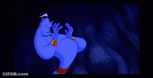 A Cartoon Character , A Genie From Aladdin , Is Making A Funny Face With His Hands Outstretched . GIF
