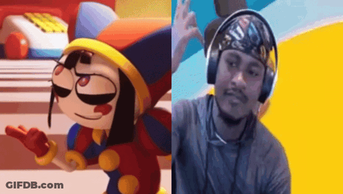 A Cartoon Character And A Man Wearing Headphones Are Standing Next To Each Other . GIF